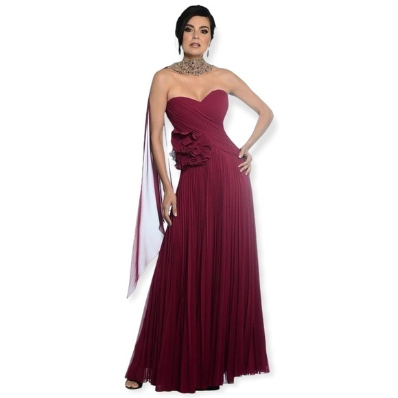 DAYMOR COUTURE 811SC RUFFLE FLORAL ACCENTED SWEETHEART PLEATED STRAPLESS GOWN - Picture 1 of 13